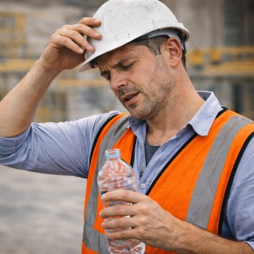 Worker cooling down and drinking water to prevent heat stress on construction site